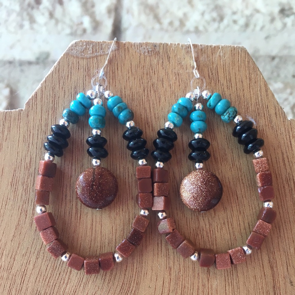 Sterling, goldstone, onyx, and turquoise earrings